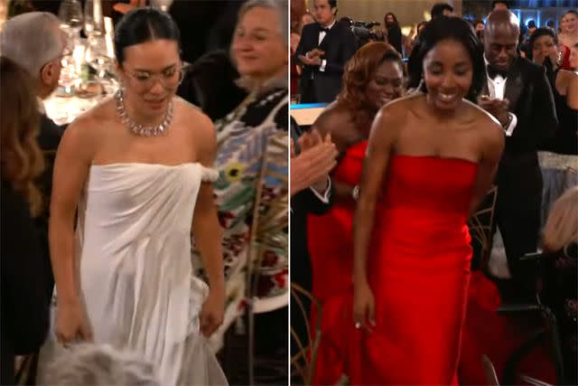 <p>CBS (2)</p> Ali Wong, Ayo Edebri walking to accept awards at Golden Globes