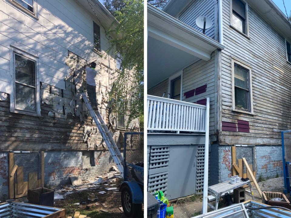 After taking out the asbestos panels, the couple uncovered original wood siding panels on the house.