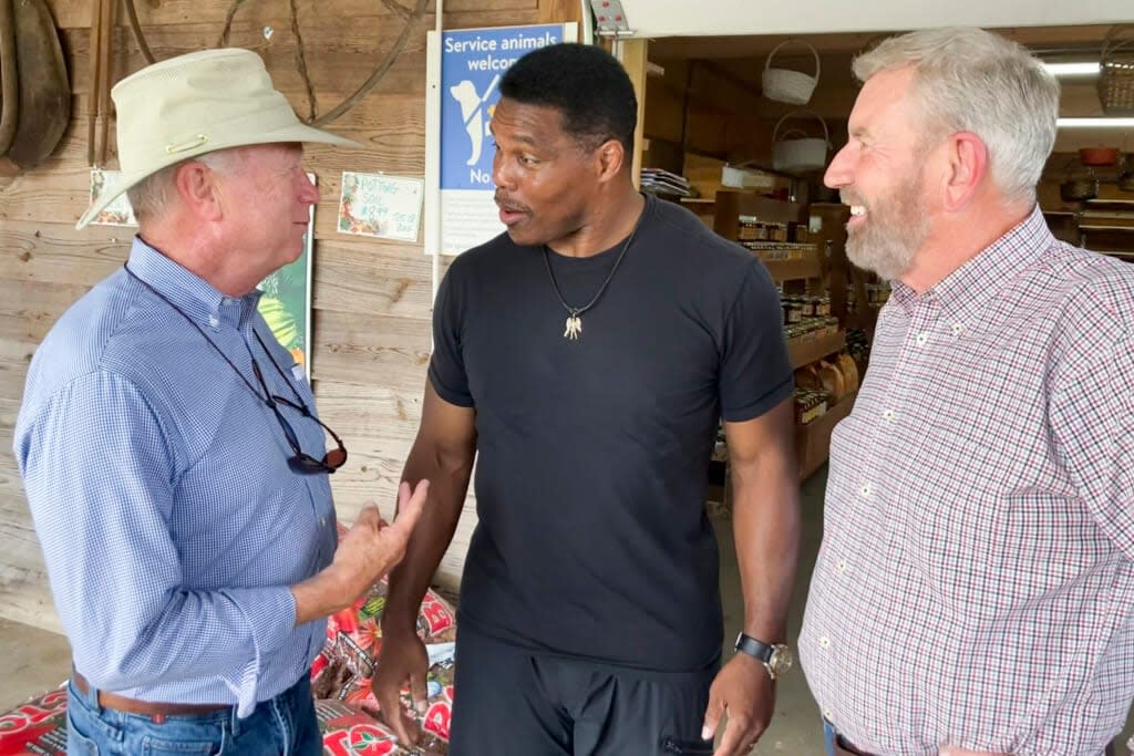 Republicans U.S. Senate candidate Herschel Walker, center, talks with Georgia state Sen. Butch Miller, left, and former state Rep. Terry Rogers as Walker campaigns on July 21, 2022, in Alto, Ga. (AP Photo/Bill Barrow, File)