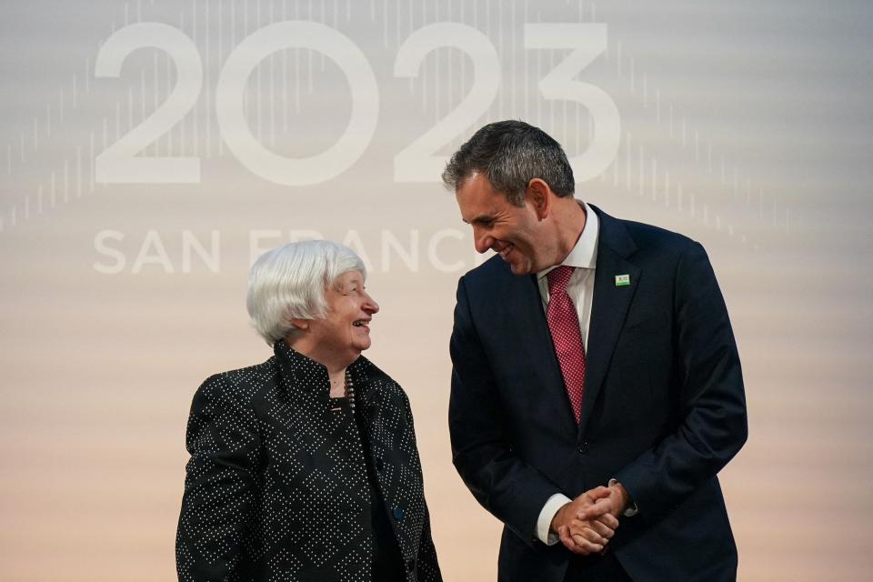 US Treasury Secretary Janet Yellen welcomes Treasurer of Australia Jim Chalmers at the start of a bilateral meeting at the Asia-Pacific Economic Cooperation (APEC) Summit on November 12, 2023 in San Francisco, California. The APEC Summit is currently taking place through November 17. (Photo by Loren Elliott / AFP) (Photo by LOREN ELLIOTT/AFP via Getty Images)