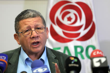 Pablo Catatumbo, former commander of the Revolutionary Armed Forces of Colombia (FARC) and now member of the political party Revolutionary Alternative Common Force (FARC), speaks during a news conferece in Bogota, Colombia May 15, 2019. REUTERS/Luisa Gonzalez