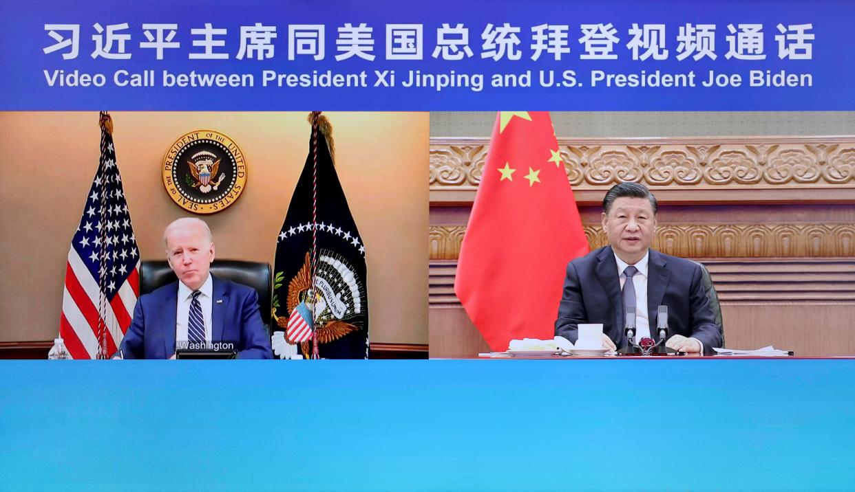 Chinese President Xi Jinping has a video call with U.S. President Joe Biden at the latter's request in Beijing, capital of China, March 18, 2022. (Photo by Liu Bin/Xinhua via Getty Images)
