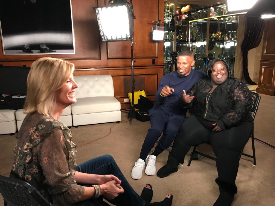 Foxx and Dixon share a light moment with NBC's Kate Snow. The Oscar-winning actor credits his younger sister for giving him perspective.   (Kate Snow)