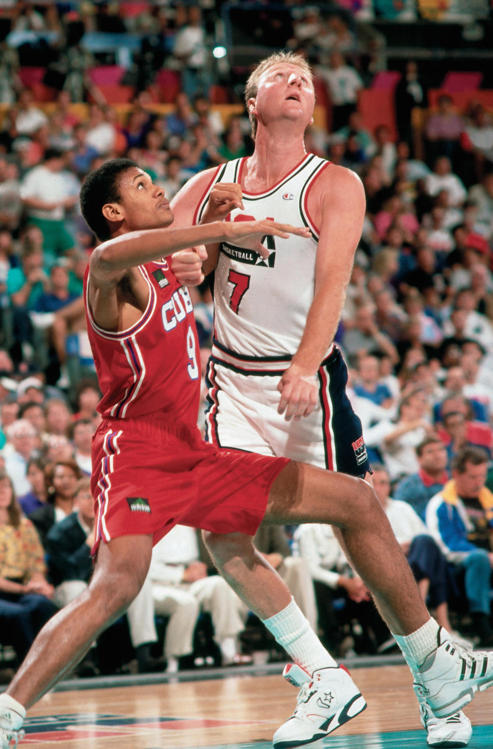 BARCELONA, SPAIN - 1992: Larry Bird #7 of the United States National Team battles for position during the1992 Summer Olympics in Barcelona, Spain.