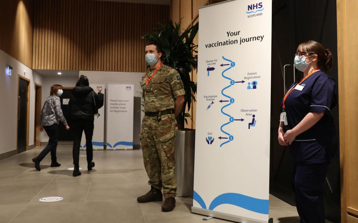 Military and NHS personel have been assisting at a temporary Covid-19 vaccination centre set up at the Royal Highland Showground near Edinburgh, Scotland. - ANDREW MILLIGAN /AFP 