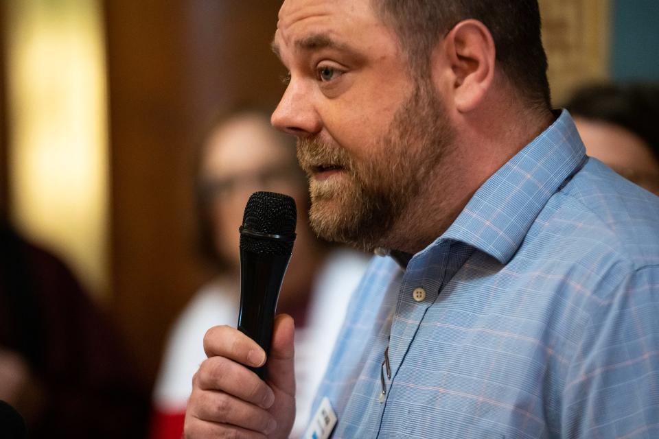 Matt Unger, CEO of the Des Moines Area Religious Council, advocates for the Supplemental Nutrition Assistance Program during a news conference on Tuesday, April 18, 2023, in the rotunda of the Iowa State Capitol, in Des Moines. The speakers asked Governor Reynolds to veto Senate File 494, a bill that would block households with more than $15,000 in liquid assets from receiving SNAP benefits.