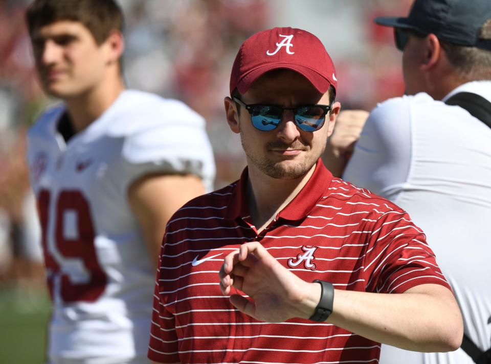 Apr 22, 2023; Tuscaloosa, AL, USA;  Tuscaloosa News sportswriter Nick Kelly patrols the sideline during the A-Day game at Bryant-Denny Stadium. 