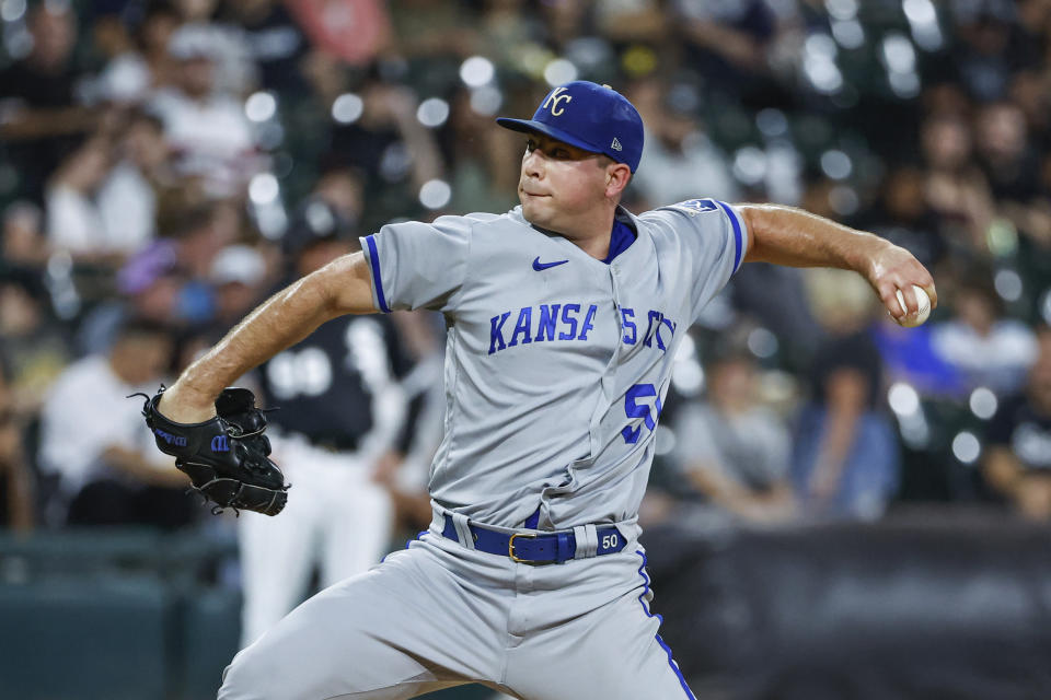 Kansas City Royals starting pitcher Kris Bubic delivers against the Chicago White Sox during the second inning of a baseball game Wednesday, Aug. 31, 2022, in Chicago. (AP Photo/Kamil Krzaczynski)