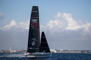 NYYC American Magic's "America" AC40 sails for the first time in Pensacola Bay, FL in early 2023.