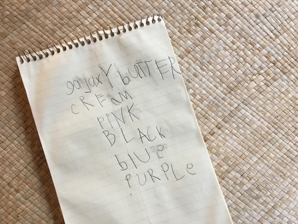 My daughter's notes (yes, blue is an ingredient).