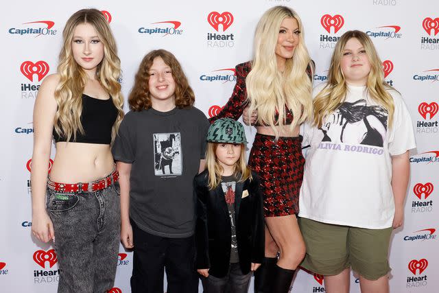 <p>Taylor Hill/WireImage</p> (L-R): Stella Doreen McDermott, Finn McDermott, Beau Mcdermott, Tori Spelling, and Hattie McDermott attend the KIIS FM's iHeartRadio Jingle Ball 2023