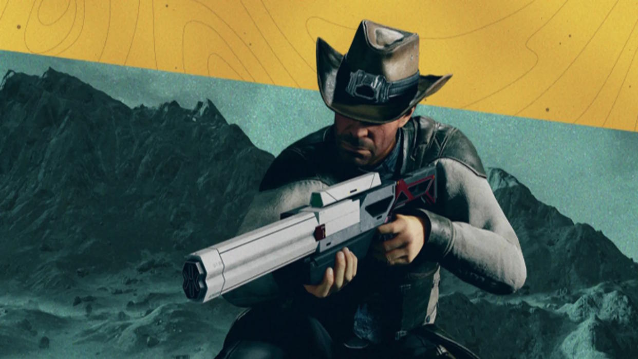  Starfield "The Vulture" promo image - man wearing a cowboy hat, hefting a space rifle. 