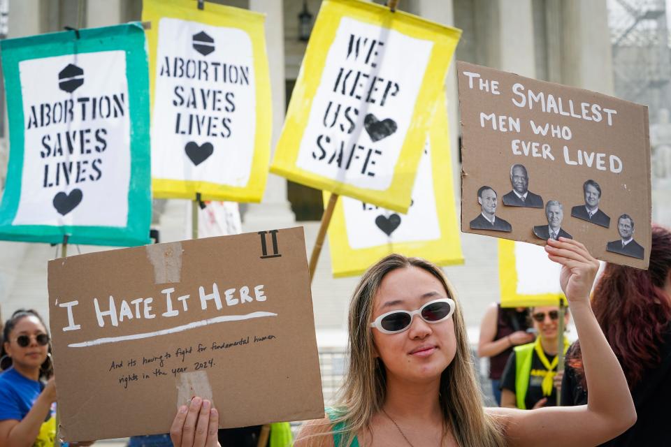 Annie Wu Henry from Philadelphia, PA, rallies with protestors outside the Supreme Court as the justices hear oral arguments in Idaho v. United States on April 24, 2024 in Washington, DC. At issue in the case is Idaho’s Defense of Life Act, which prohibits abortions unless necessary to save the life of the mother.