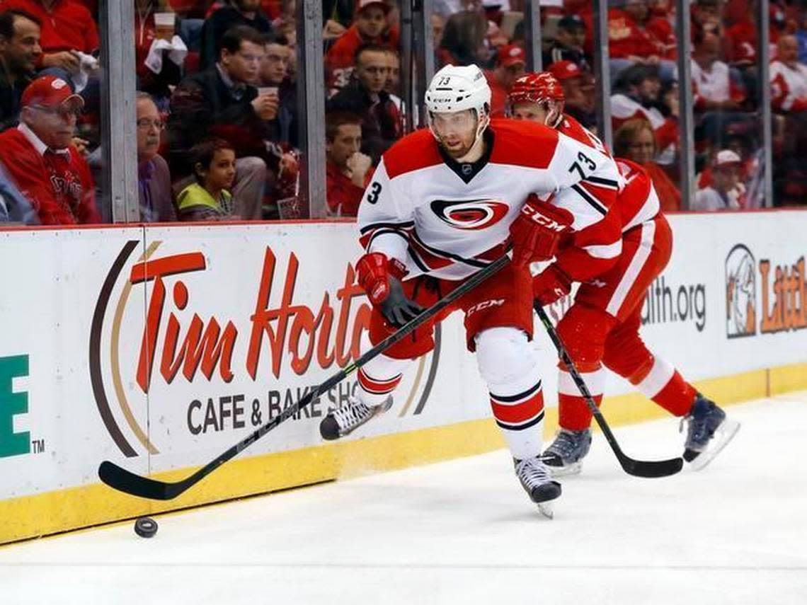 Carolina Hurricanes defenseman Brett Bellemore (73) skates with the puck against the Detroit Red Wings in the first period of an NHL hockey game in Detroit Tuesday, April 7, 2015. (AP Photo/Paul Sancya) Paul Sancya / AP
