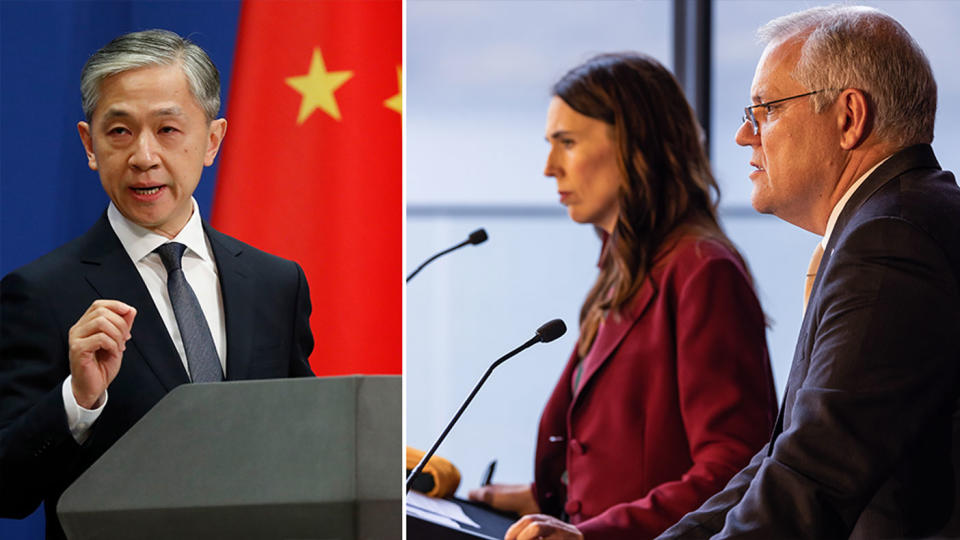 Pictured on the left is Wang Wenbin and on the right, Jacinda Ardern and Scott Morrison together at a press conference.