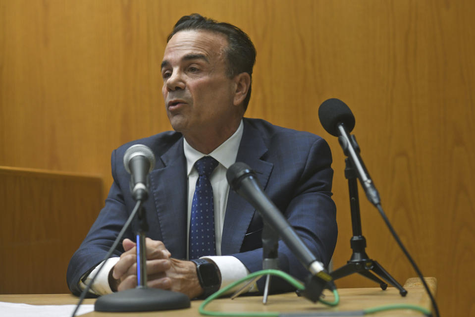 FILE - Bridgeport, Conn., Mayor Joe Ganim testifies during a hearing at Bridgeport Superior Court, Tuesday, Oct. 17, 2023, in Bridgeport. Judge William Clark has taken the unusual step of ordering a new Democratic mayoral primary in Connecticut’s largest city to be held after the Nov. 7 general election is completed. The decision comes after surveillance videos showed a woman stuffing what appeared to be absentee ballots into an outdoor ballot box days before the original primary. (Ned Gerard/Hearst Connecticut Media via AP, Pool, File)