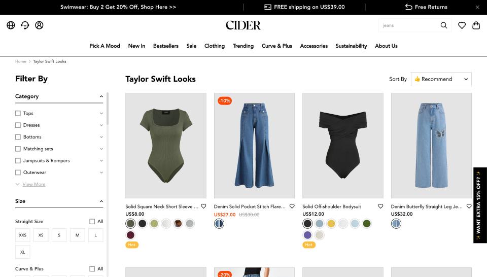 The Cider website advertising Taylor Swift-inspired clothes.