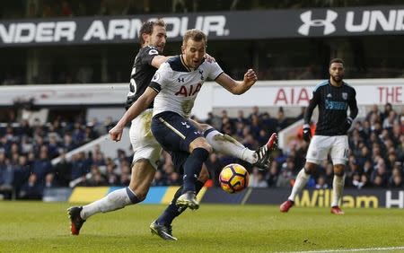 Tottenham Hotspur v West Bromwich Albion - Premier League - White Hart Lane - 14/1/17 Tottenham's Harry Kane scores their fourth goal to complete his hat trick Action Images via Reuters / Paul Childs Livepic