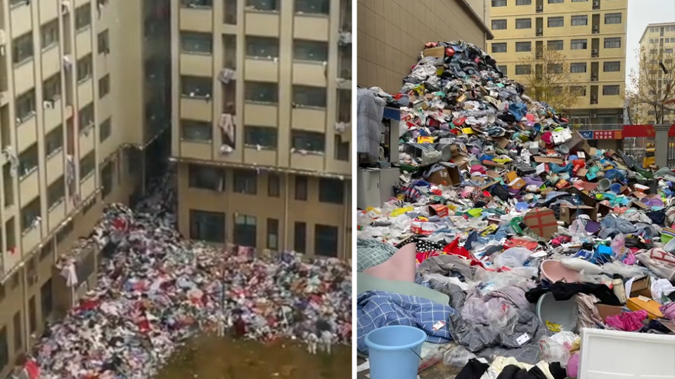 Two images of piled up belongings with buildings in the background.