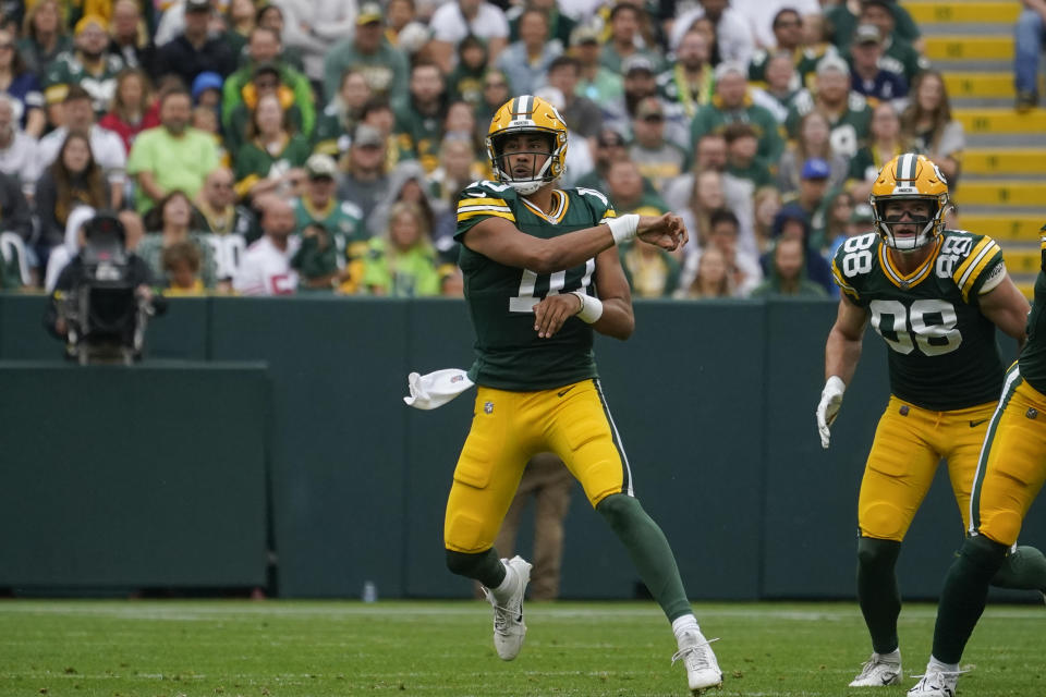 Green Bay Packers quarterback Jordan Love (10) throws a pass during a preseason NFL football game against the Seattle Seahawks, Saturday, Aug. 26, 2023, in Green Bay, Wis. (AP Photo/Kiichiro Sato)