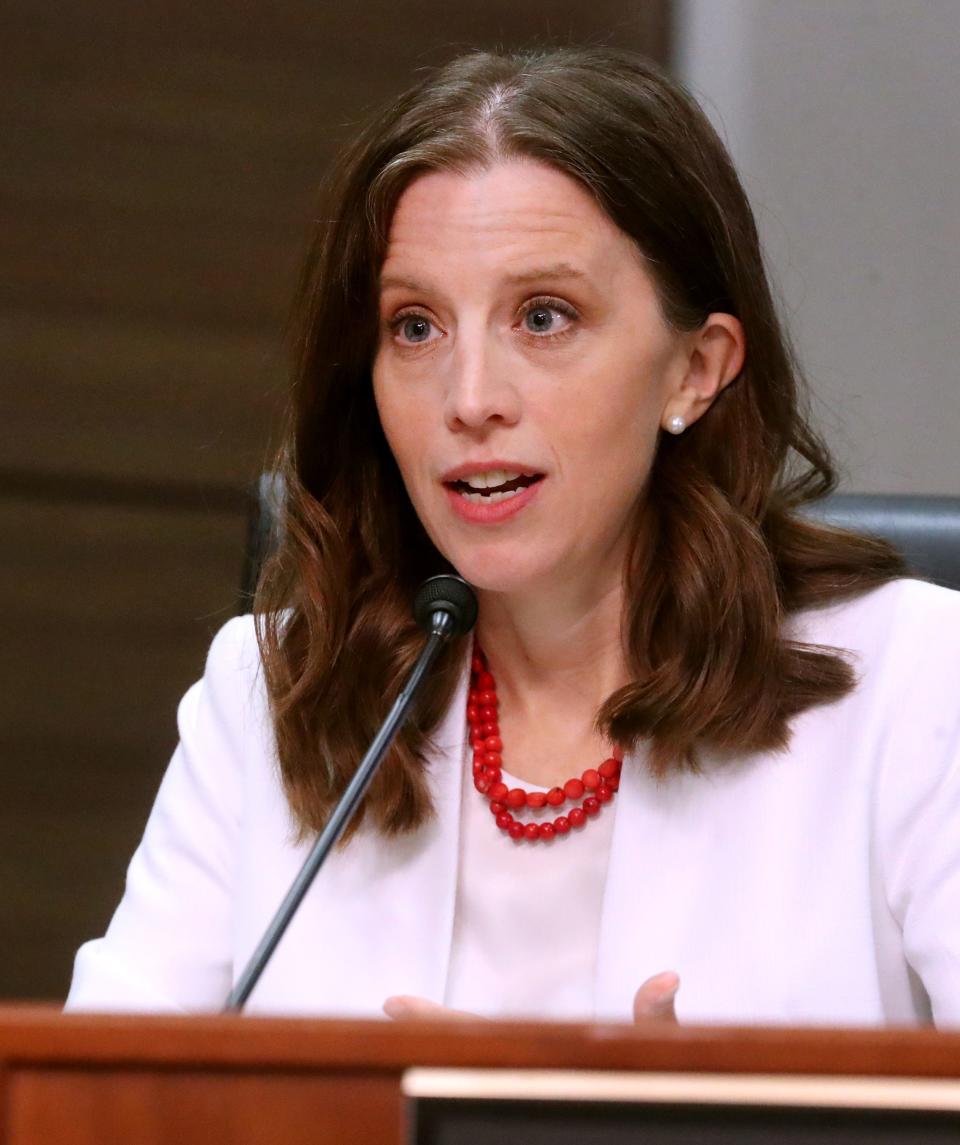 Murfreesboro City School Board candidate Amanda Moore speaks during a political forum for Murfreesboro City School Board candidates, on Tuesday, June 7, 2022, at City Hall in Murfreesboro. The event was hosted by the League of Women Voters in partnership with Murfreesboro CityTV.