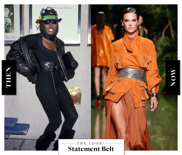 &#xa0; The Statement Belt as seen on Grace Jones in the &#39;80s, and at Balmain today. (Photo: Getty Images)