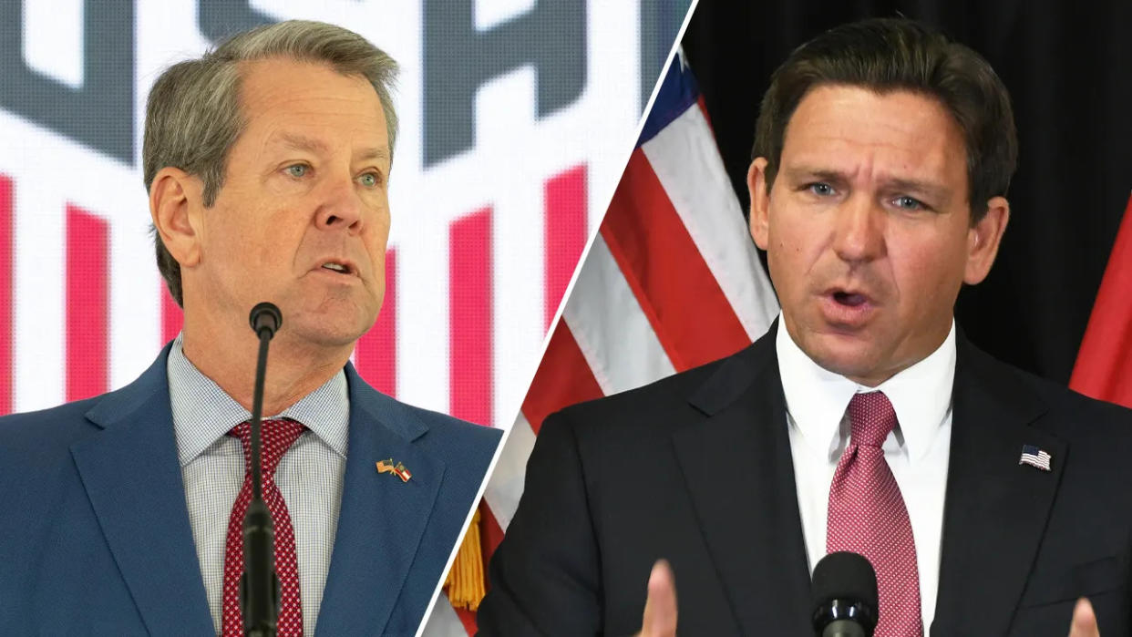 Gov. Brian Kemp, R-Ga., left; Gov. Ron DeSantis, R-Fla., right