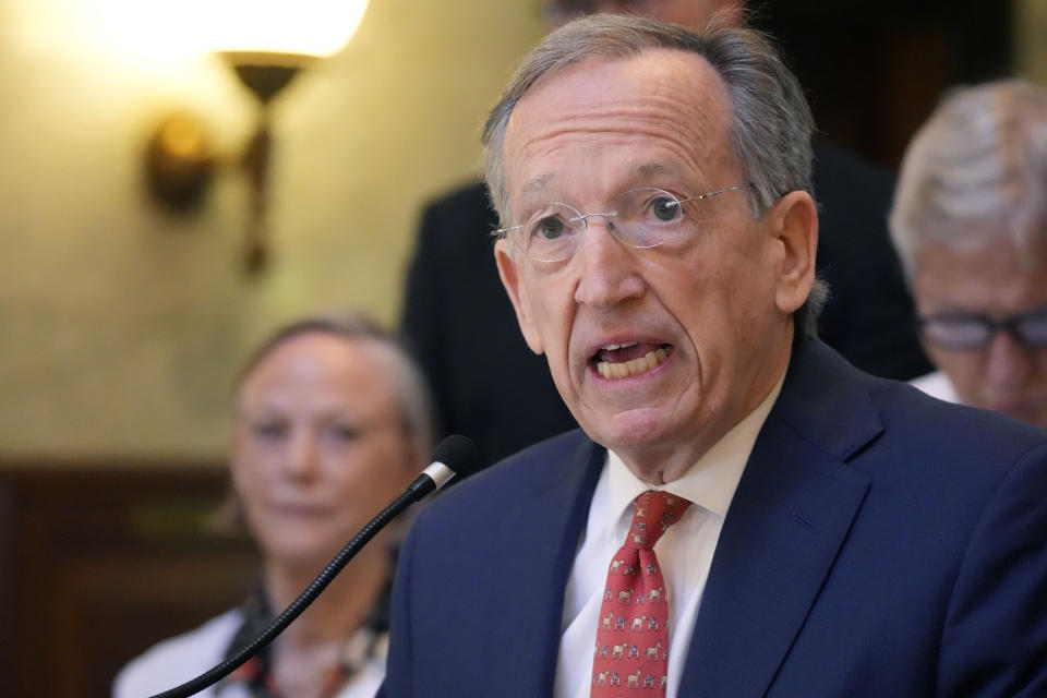 Roy Campbell, a Jackson attorney, was among a group of small business owners who urged lawmakers to fully fund a Mississippi Medicaid expansion plan during a Tuesday, April 23, 2024, news conference at the state Capitol in Jackson, Miss. (AP Photo/Rogelio V. Solis)