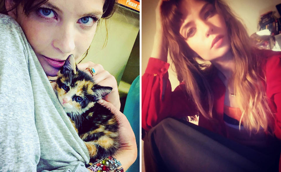 L: Daveigh Chase with her kitten. R: Daveigh Chase looking at the camera with her hand on her head