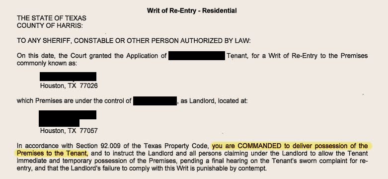 A Writ of Re-Entry from the Harris County Justice Court