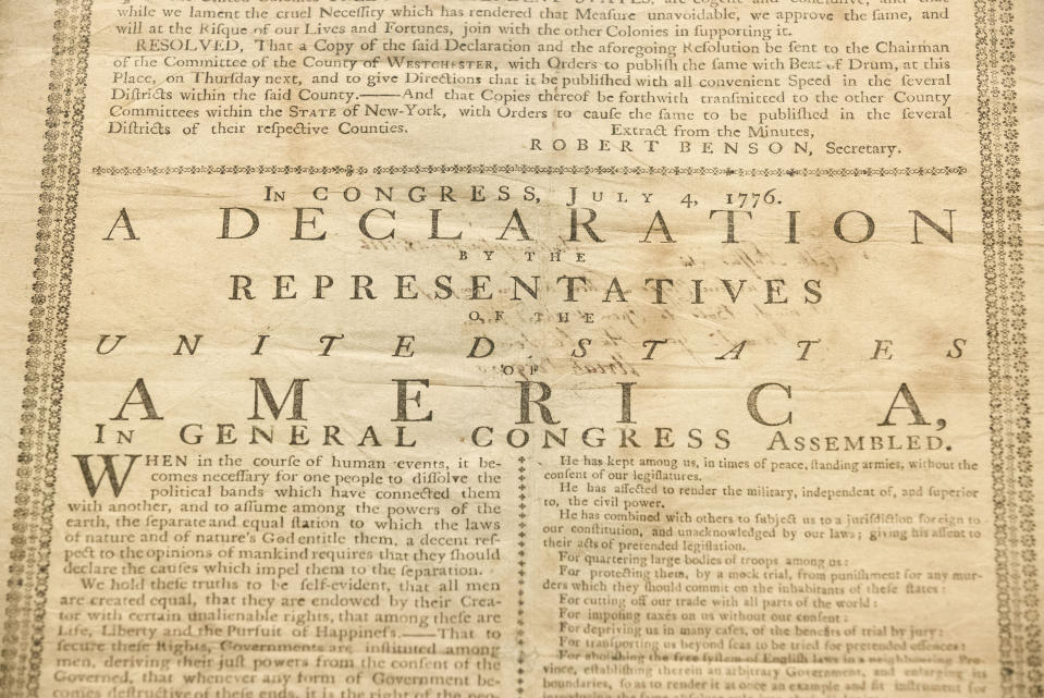 In this Monday, June 17, 2019 photo, shown is Holly Metcalf Kinyon's 1776 broadside printing of the Declaration of Independence at the Museum of the American Revolution in Philadelphia. Metcalf Kinyon, a descendent of Declaration signer John Witherspoon, has lent her document to the museum to be displayed from June 18 to the end of the year. (AP Photo/Matt Rourke)