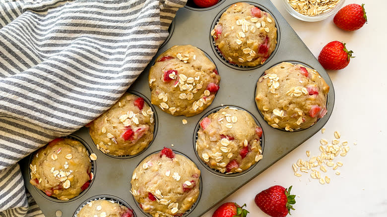 strawberry oatmeal muffins in tin