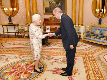 President of Turkey Recep Tayyip Erdogan is greeted by Britain's Queen Elizabeth during a private audience at Buckingham Palace, LondonÊMay 15, 2018. John Stillwell/Pool via Reuters