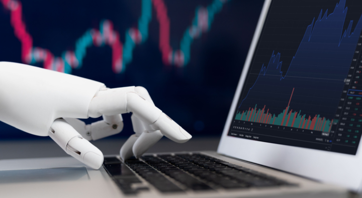 Automated stock trading concept. Robotic hand analyzing financial data on stock exchange, artificial intelligence utilization to predict precise price change in stock market. Trailblazing. trillion-dollar ai stocks. AI Stocks with Potential