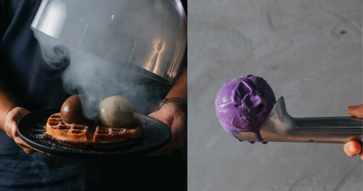 a collage of up in smoke's waffles and ice cream