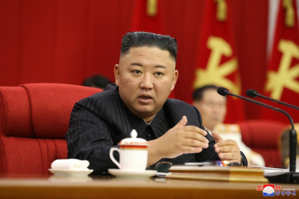 Kim Jong-un speaks on 17 June during the third day of the 3rd Plenary Meeting of the 8th Central Committee of the Workers' Party of Korea (WPK) in Pyongyang (EPA)