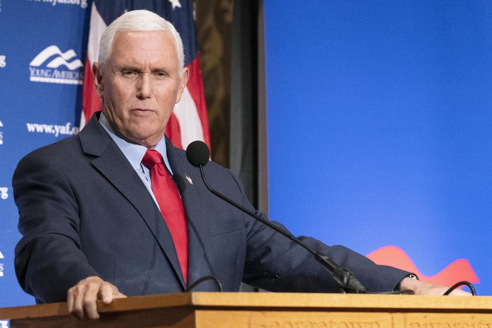 Former Vice President Mike Pence speaks at Georgetown University, Gaston Hall in Washington, Wednesday, Oct. 19, 2022. ( AP Photo/Jose Luis Magana)