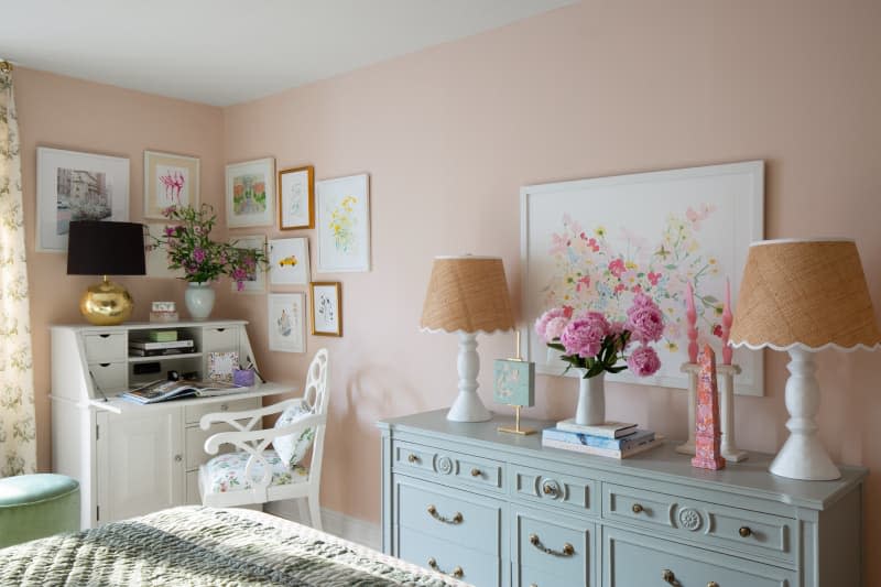 Gallery wall corner above fold down desk, vintage robins egg blue dresser with matching scallop edge lamp shades