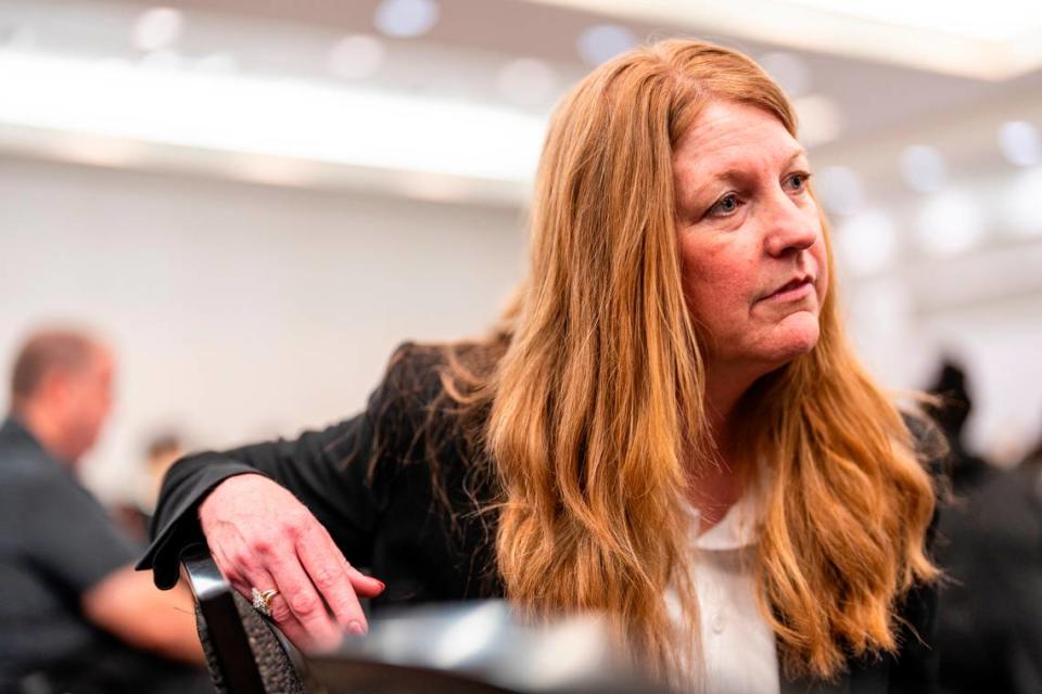 Misty Huff, the Southern Region Associate Regional Administrator of the Illinois Department of Children & Family Services (DCFS), talks during a media interview during a hiring event hosted by DCFS on Wednesday, March 27, 2024, at Fountains Conference Center in Fairview Heights. The event drew over 500 people who came to apply for potential work.