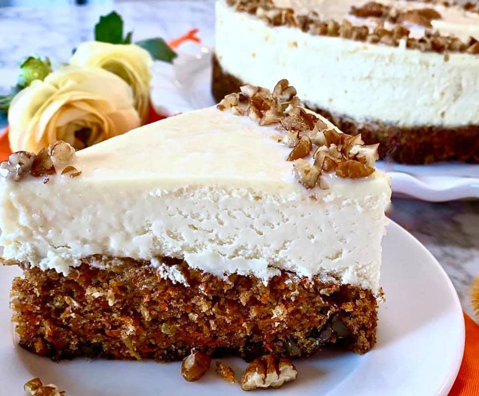 <p>The Recipe Patch</p><p>Carrot Cake Cheesecake is double layers of the smoothest, creamiest cake, full of spices and moist topped with pecans, a perfect dessert for any occasion. </p><p><strong>Get the recipe: </strong><a href="http://therecipepatch.com/how-to-make-carrot-cake-cheesecake/" rel="nofollow noopener" target="_blank" data-ylk="slk:Carrot Cake Cheesecake;elm:context_link;itc:0;sec:content-canvas" class="link rapid-noclick-resp"><strong>Carrot Cake Cheesecake</strong></a></p>