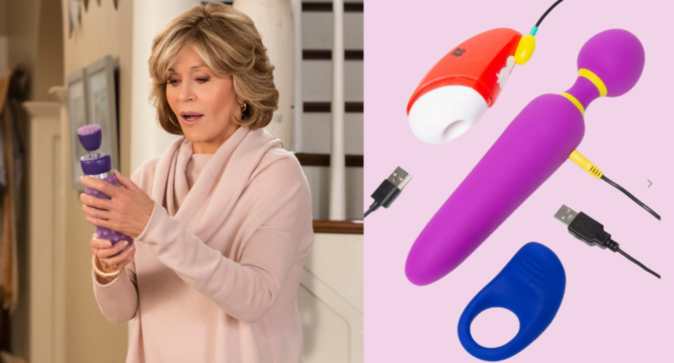 Left: A mature lady holding a Lovehoney sex toy. Right: a selection of Lovehoney toys