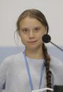 Climate activist Greta Thunberg participates in a news conference at the COP25 Climate summit in Madrid, Spain, Monday, Dec. 9, 2019. Thunberg is in Madrid where a global U.N.-sponsored climate change conference is taking place. (AP Photo/Andrea Comas)
