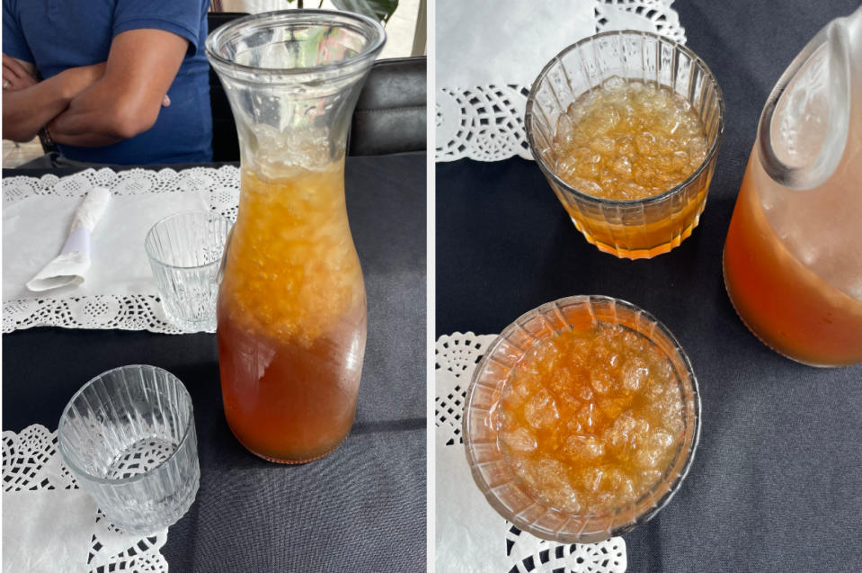 Two photos of a dining table displaying a carafe and two glasses filled with iced tea, a removed folded napkin, and part of a person's arm