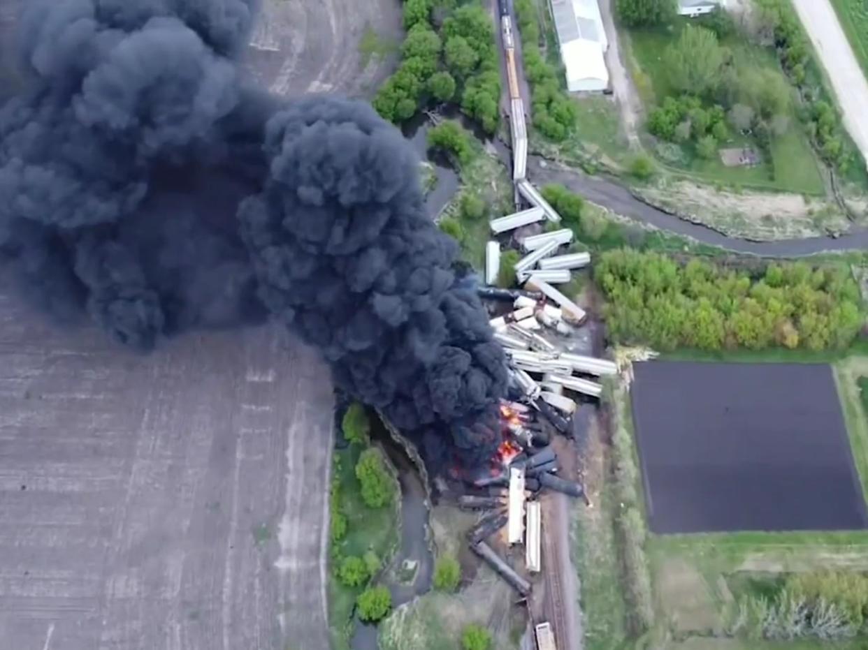 <p>Drone footage showing the train derailment in Iowa on Sunday</p> (NBC News/ Nathan Minten)