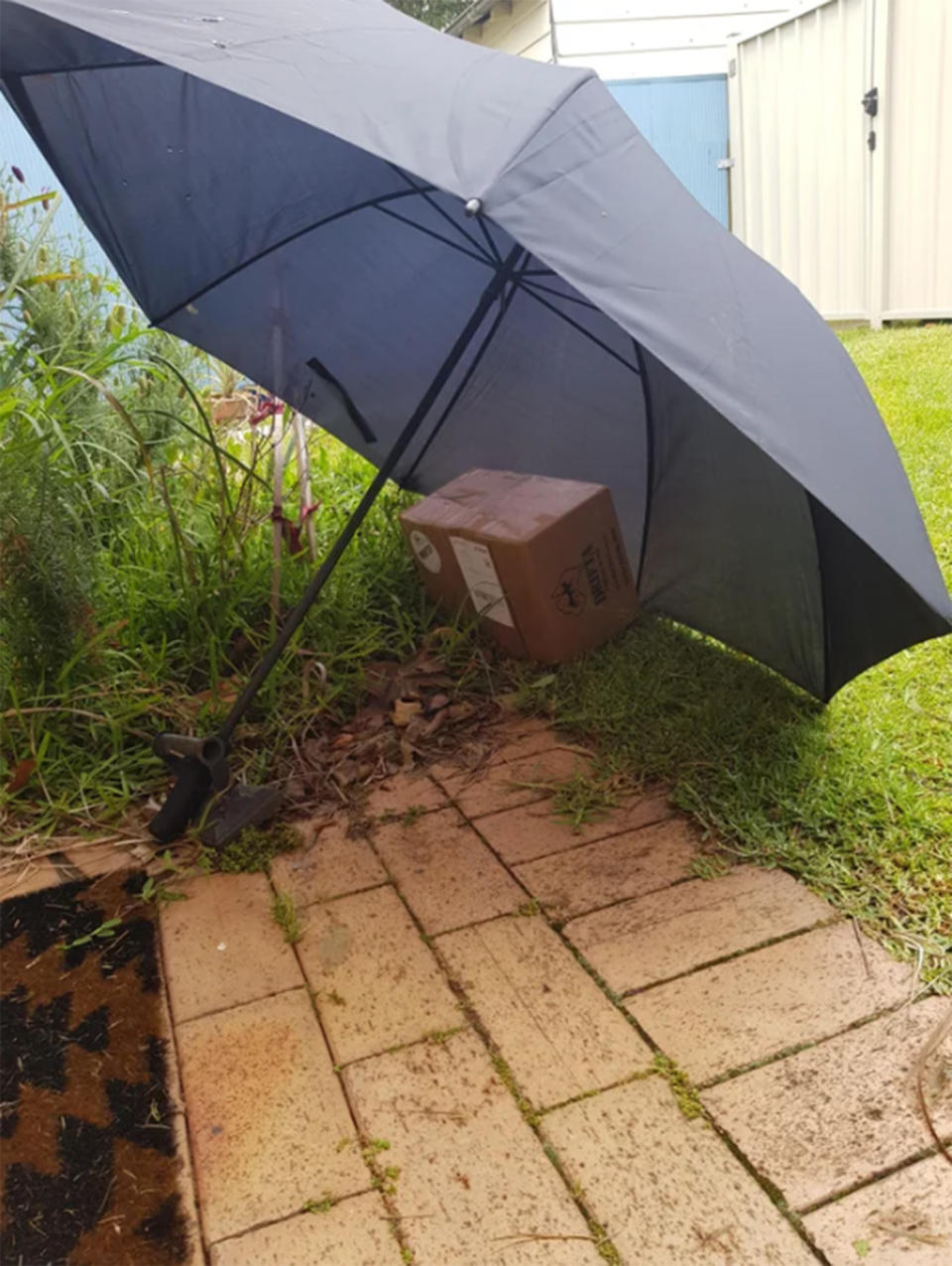 The Australia Post worker protected the parcel using an umbrella and door stop on the Coal Coast in New South Wales.