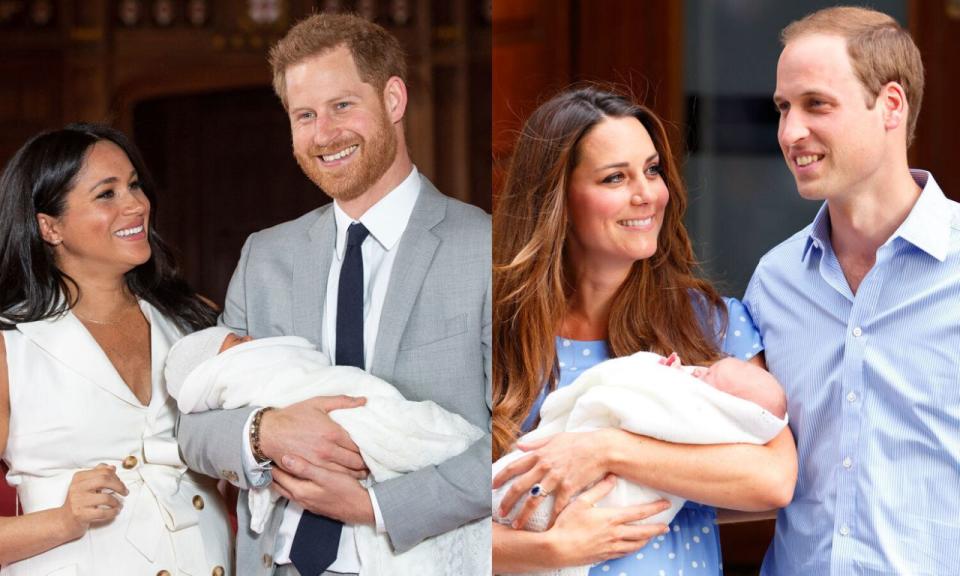 Die neuen Eltern Meghan Markle und Prinz Harry, links, am Mittwoch, und Kate Middleton und Prinz William im Jahr 2013. (Foto: Getty Images)