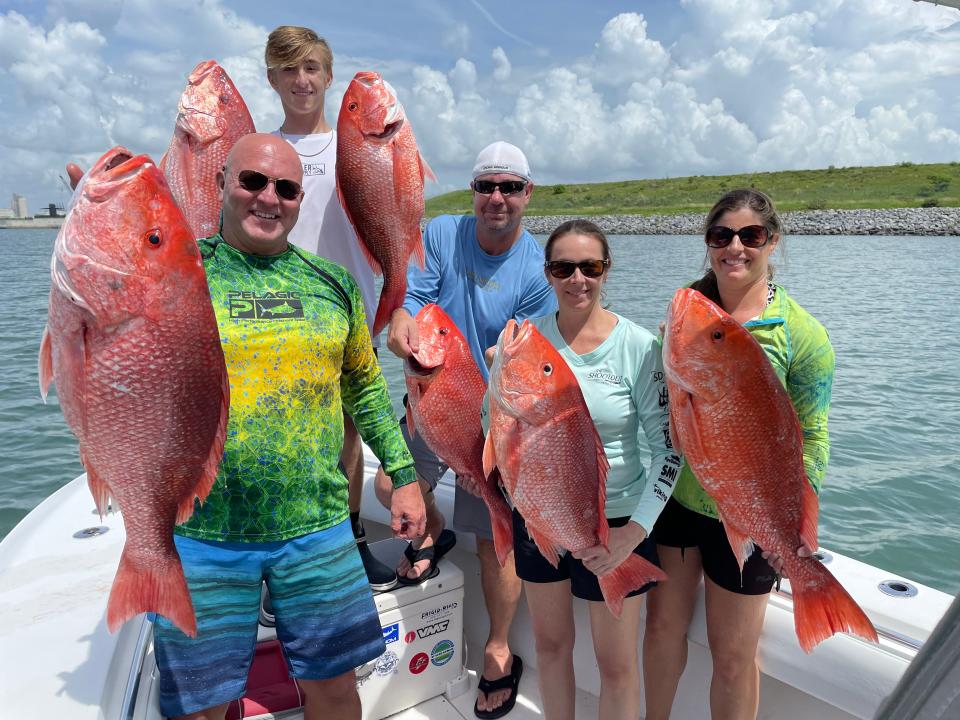 It was a red snapper bonanza for this group of family and friends on July 11, 2021. Fishing in 130 feet of water out of Port Canaveral, everyone caught their limit using live pogies for bait. Anglers pictured are John Boyd, Nick Dunbar, Jason Halsey, Amanda Halsey and Jen Boyd.