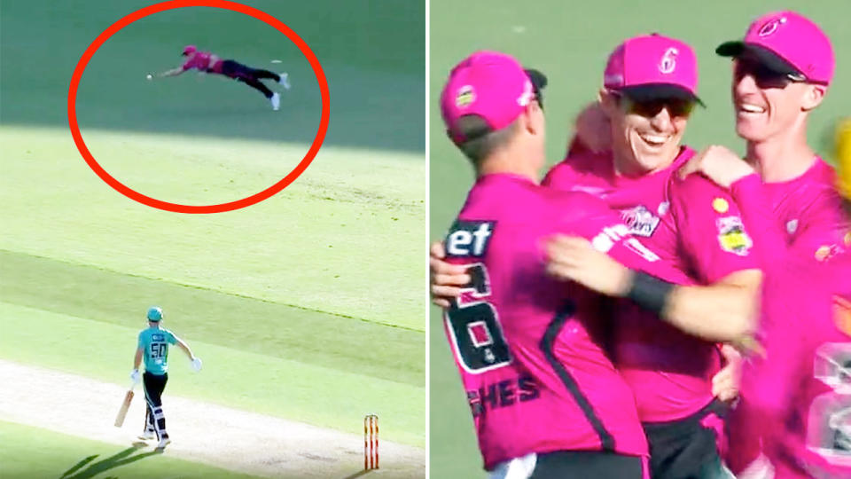 Sydney Sixers allrounder Sean Abbott took what many are calling the 'catch of the summer' against Brisbane Heat. Pic: Fox Sports