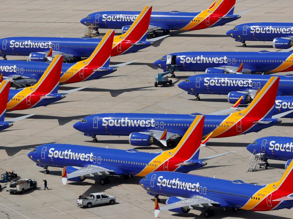 FILE PHOTO: A number of grounded Southwest Airlines Boeing 737 MAX 8 aircraft are shown parked at Victorville Airport in Victorville, California, U.S., March 26, 2019.  REUTERS/Mike Blake/File Photo