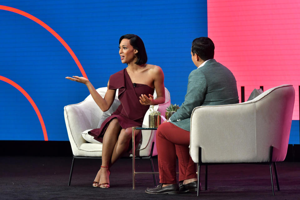 LOS ANGELES, CALIFORNIA - FEBRUARY 12: (L-R) Mj Rodriguez and Lydia Polgreen speak onstage during The 2020 MAKERS Conference at the InterContinental Los Angeles Downtown on February 12, 2020 in Los Angeles, California. (Photo by Emma McIntyre/Getty Images for MAKERS)